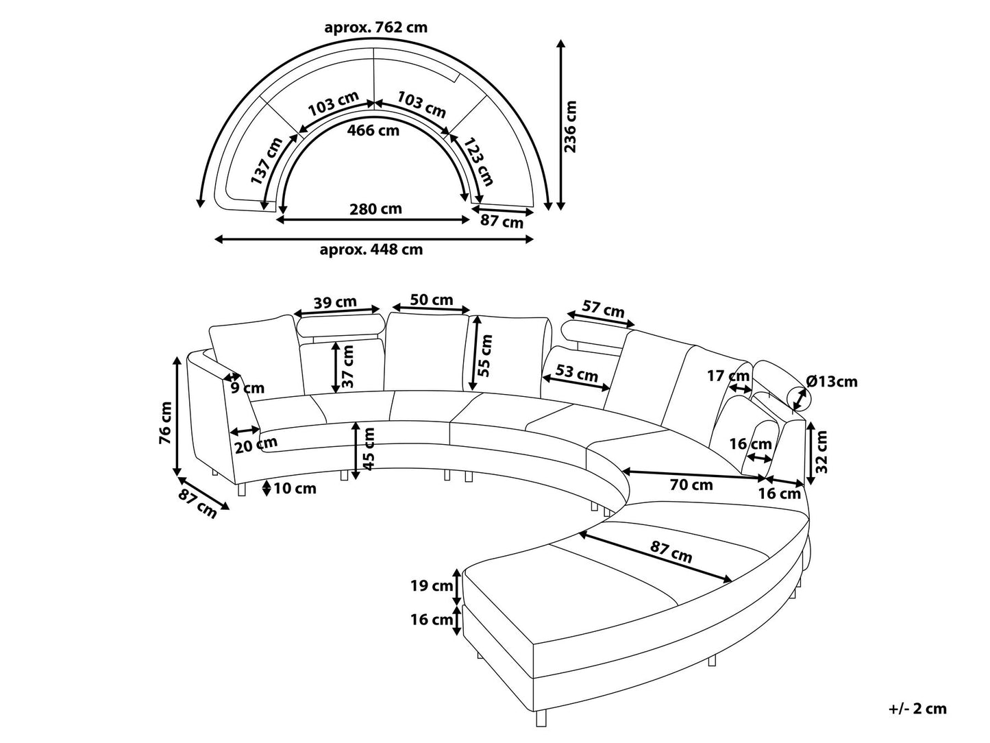 7 Seater Curved Fabric Modular Sofa Grey ROTUNDE