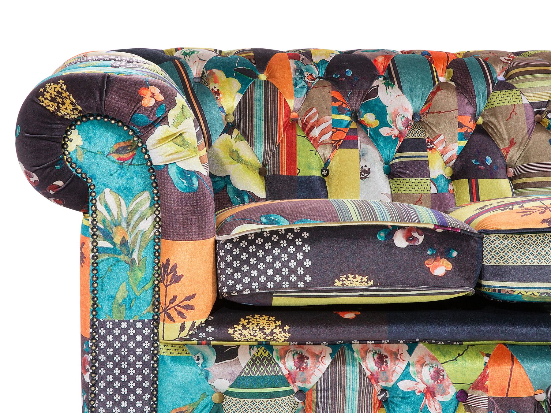 3 Seater Fabric Sofa Patchwork Green and Yellow CHESTERFIELD