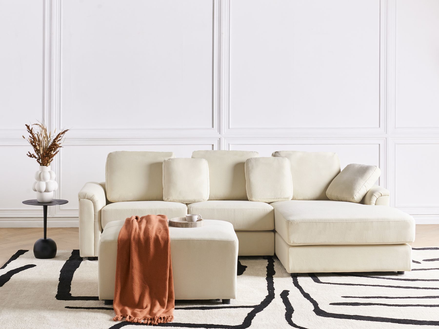 Left Hand Fabric Corner Sofa with Ottoman Light Beige KOHLO