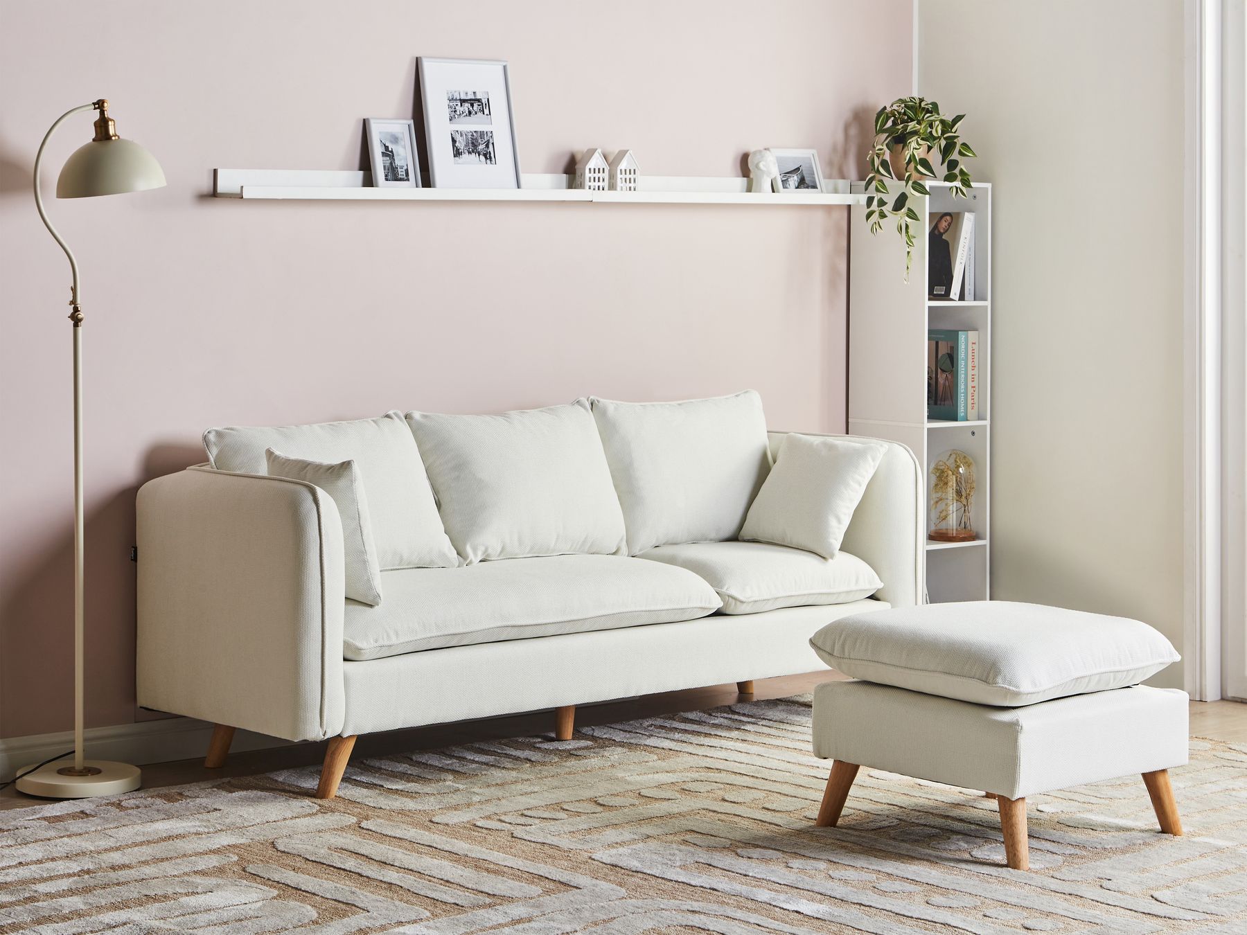 3 Seater Fabric Sofa with Ottoman White DALVIK