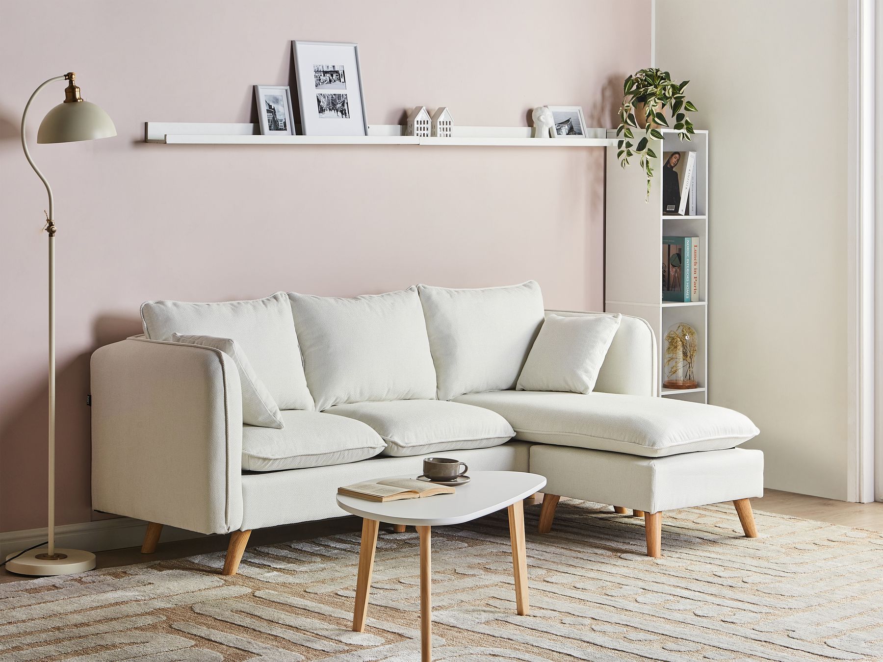 3 Seater Fabric Sofa with Ottoman White DALVIK